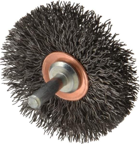 Weiler - 2-1/2" OD, 1/4" Shank Diam, Crimped Steel Wheel Brush - 3/8" Face Width, 3/4" Trim Length, 0.014" Filament Diam, 20,000 RPM - USA Tool & Supply