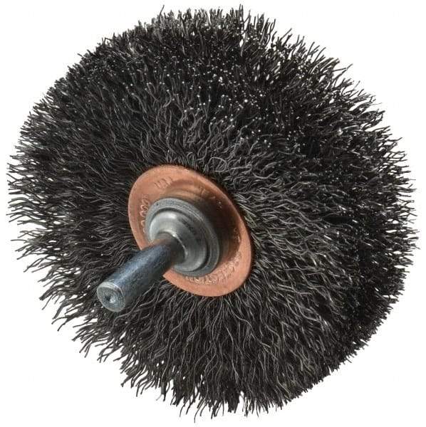 Weiler - 3" OD, 1/4" Shank Diam, Crimped Steel Wheel Brush - 1" Face Width, 15/16" Trim Length, 0.0118" Filament Diam, 20,000 RPM - USA Tool & Supply
