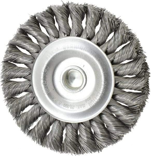 Weiler - 4" OD, 1/4" Shank Diam, Knotted Steel Wheel Brush - 1/2" Face Width, 7/8" Trim Length, 0.0118" Filament Diam, 20,000 RPM - USA Tool & Supply