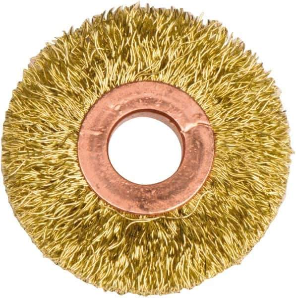 Weiler - 2" OD, 1/2" Arbor Hole, Crimped Brass Wheel Brush - 3/8" Face Width, 1/2" Trim Length, 0.0118" Filament Diam, 20,000 RPM - USA Tool & Supply
