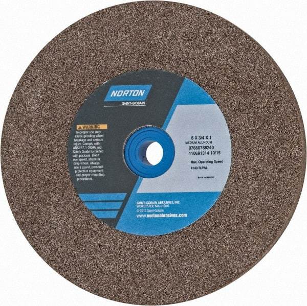 Norton - 60/80 Grit Aluminum Oxide Bench & Pedestal Grinding Wheel - 6" Diam x 1" Hole x 3/4" Thick, 4140 Max RPM, Medium Grade - USA Tool & Supply