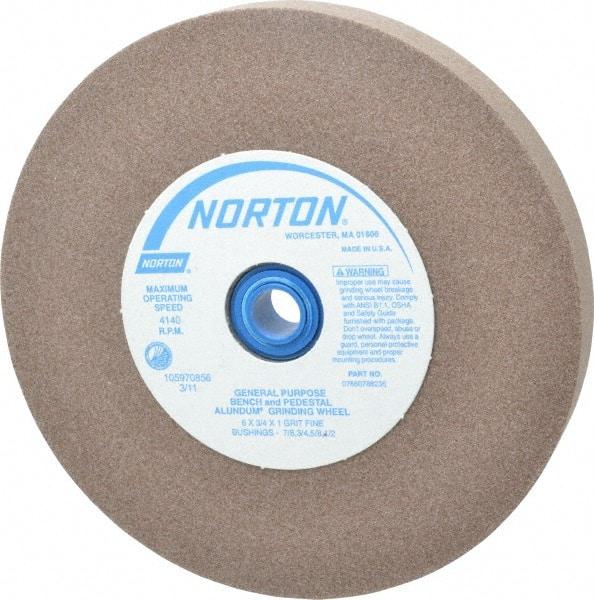 Norton - 100 Grit Aluminum Oxide Bench & Pedestal Grinding Wheel - 6" Diam x 1" Hole x 3/4" Thick, 4140 Max RPM, Fine Grade - USA Tool & Supply