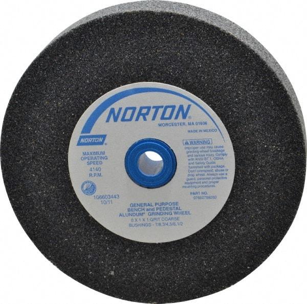Norton - 36 Grit Aluminum Oxide Bench & Pedestal Grinding Wheel - 6" Diam x 1" Hole x 1" Thick, 4140 Max RPM, Very Coarse/Coarse Grade - USA Tool & Supply