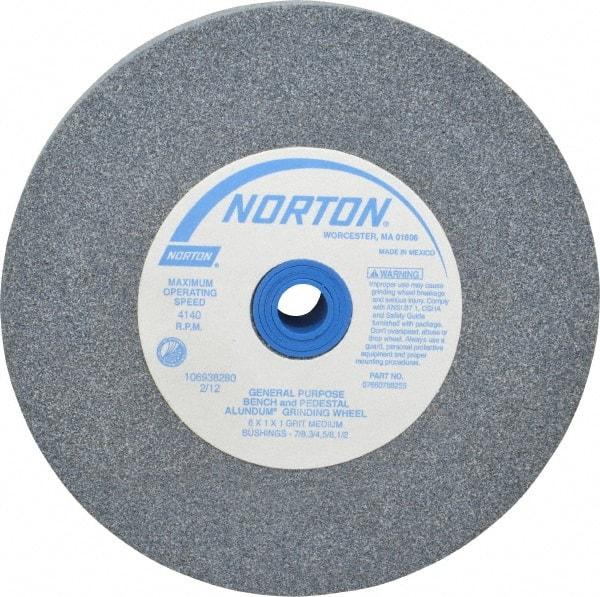 Norton - 60 Grit Aluminum Oxide Bench & Pedestal Grinding Wheel - 6" Diam x 1" Hole x 1" Thick, 4140 Max RPM, Medium Grade - USA Tool & Supply