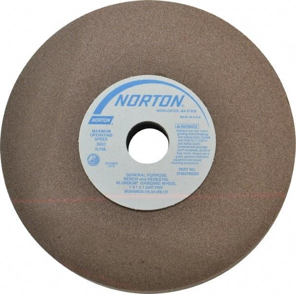 Norton - 100 Grit Aluminum Oxide Bench & Pedestal Grinding Wheel - 7" Diam x 1" Hole x 1" Thick, 3600 Max RPM, Fine Grade - USA Tool & Supply