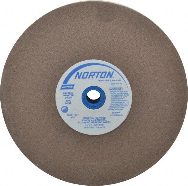 Norton - 100 Grit Aluminum Oxide Bench & Pedestal Grinding Wheel - 8" Diam x 1" Hole x 1" Thick, 3600 Max RPM, Fine Grade - USA Tool & Supply