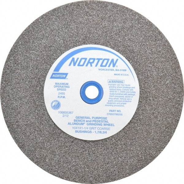 Norton - 36 Grit Aluminum Oxide Bench & Pedestal Grinding Wheel - 10" Diam x 1-1/4" Hole x 1" Thick, 2485 Max RPM, Very Coarse/Coarse Grade - USA Tool & Supply