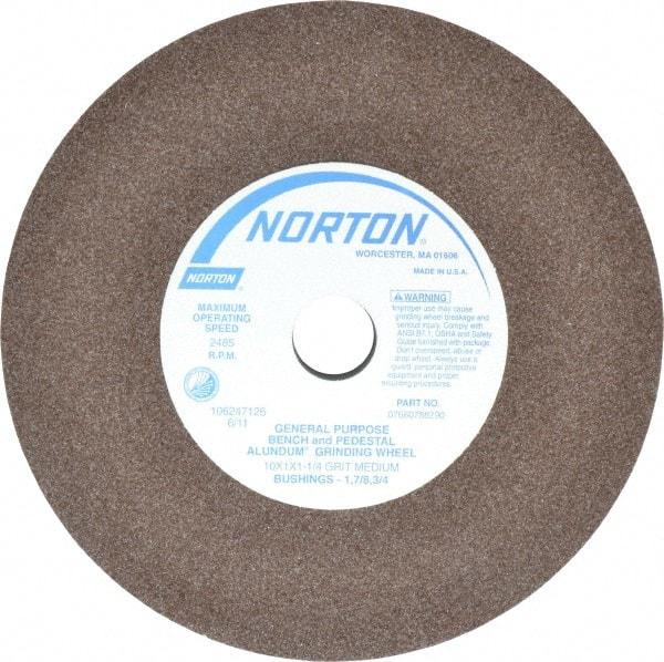 Norton - 60/80 Grit Aluminum Oxide Bench & Pedestal Grinding Wheel - 10" Diam x 1-1/4" Hole x 1" Thick, 2485 Max RPM, Medium Grade - USA Tool & Supply