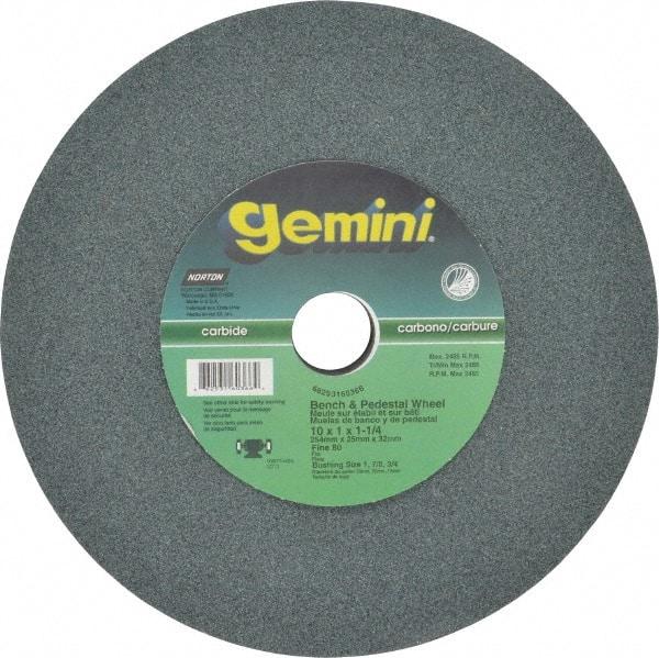 Norton - 80 Grit Silicon Carbide Bench & Pedestal Grinding Wheel - 10" Diam x 1-1/4" Hole x 1" Thick, 2485 Max RPM, Medium Grade - USA Tool & Supply