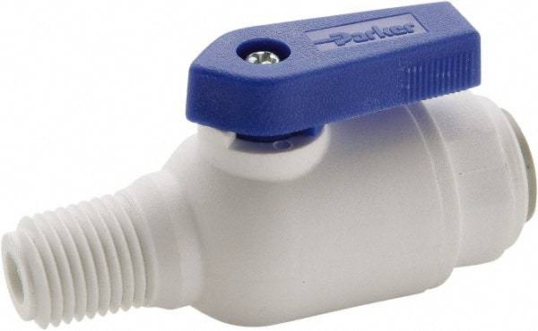 Parker - 1/4" Pipe, Full Port, Polypropylene Valve Male Connector Ball Valve - Bi-Directional, MNPT x Push-to-Connect Ends, Wedge Handle, 150 WOG - USA Tool & Supply