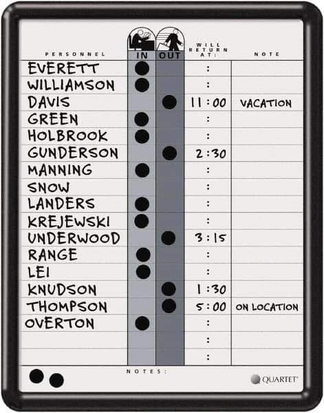 Quartet - 14" High x 11" Wide Magnetic Dry Erase In/Out - Porcelain, Includes Water-Soluble Ink Marker, Magnetic In/Out Circles, Magnetic Name Strips, Self-Stick Vinyl Letters & Wet-Erase Magnetic Remark Strips - USA Tool & Supply
