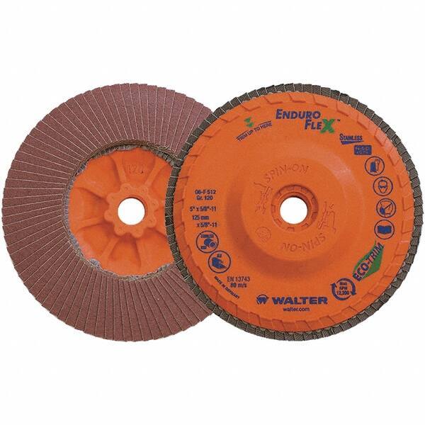 WALTER Surface Technologies - 120 Grit, 5" Disc Diam, 5/8-11 Center Hole, Zirconia Alumina Flap Disc - 8,600 Max RPM, Plastic Backing, Arbor Attaching System, Coated - USA Tool & Supply