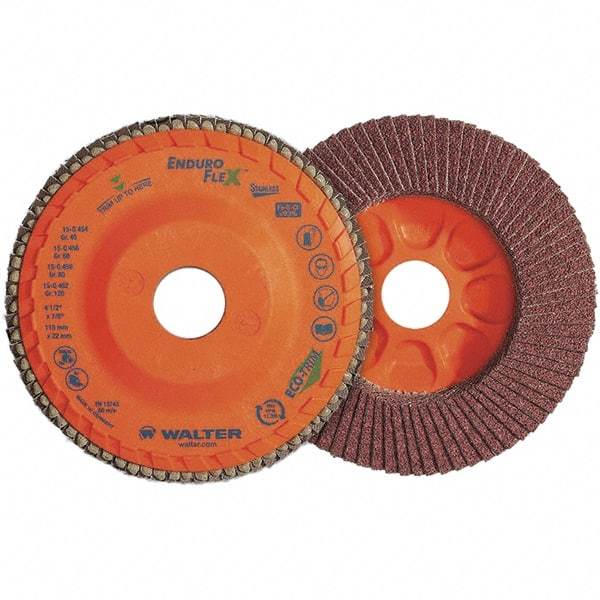 WALTER Surface Technologies - 80 Grit, 4-1/2" Disc Diam, 7/8" Center Hole, Zirconia Alumina Flap Disc - 13,300 Max RPM, Plastic Backing, Arbor Attaching System, Coated - USA Tool & Supply