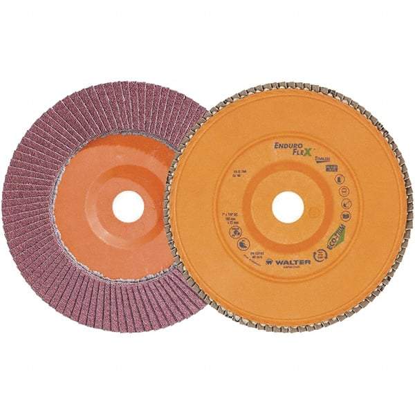 WALTER Surface Technologies - 40 Grit, 7" Disc Diam, 7/8" Center Hole, Zirconia Alumina Flap Disc - 8,600 Max RPM, Plastic Backing, Arbor Attaching System, Coated - USA Tool & Supply