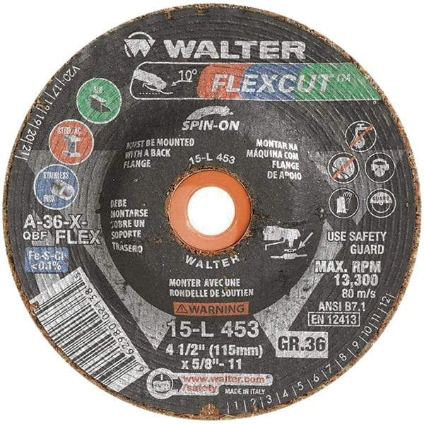 WALTER Surface Technologies - 4-1/2" Diam x 5/8" Hole, 36 Grit Surface Grinding Wheel - Aluminum Oxide, Very Coarse Grade, 13,300 Max RPM - USA Tool & Supply