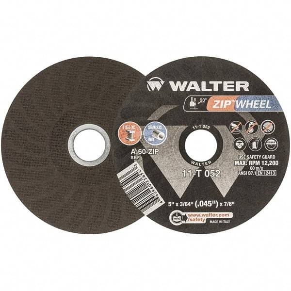 WALTER Surface Technologies - 5" 60 Grit Aluminum Oxide Cutoff Wheel - 3/64" Thick, 7/8" Arbor, 12,200 Max RPM, Use with Angle Grinders - USA Tool & Supply