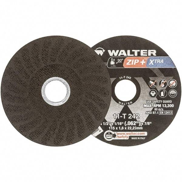 WALTER Surface Technologies - 4-1/2" 46 Grit Aluminum Oxide Cutoff Wheel - 1/16" Thick, 7/8" Arbor, 13,300 Max RPM, Use with Angle Grinders - USA Tool & Supply