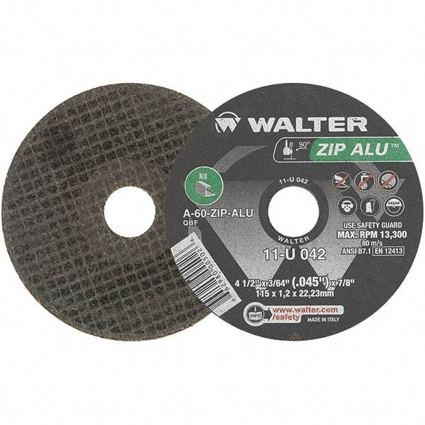WALTER Surface Technologies - 4-1/2" 60 Grit Aluminum Oxide Cutoff Wheel - 3/64" Thick, 7/8" Arbor, 13,300 Max RPM, Use with Angle Grinders - USA Tool & Supply