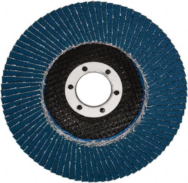 3M - 80 Grit, 4-1/2" Disc Diam, 7/8" Center Hole, Type 27 Zirconia Alumina Flap Disc - 13,300 Max RPM, Cloth Backing, Arbor Attaching System, Coated - USA Tool & Supply