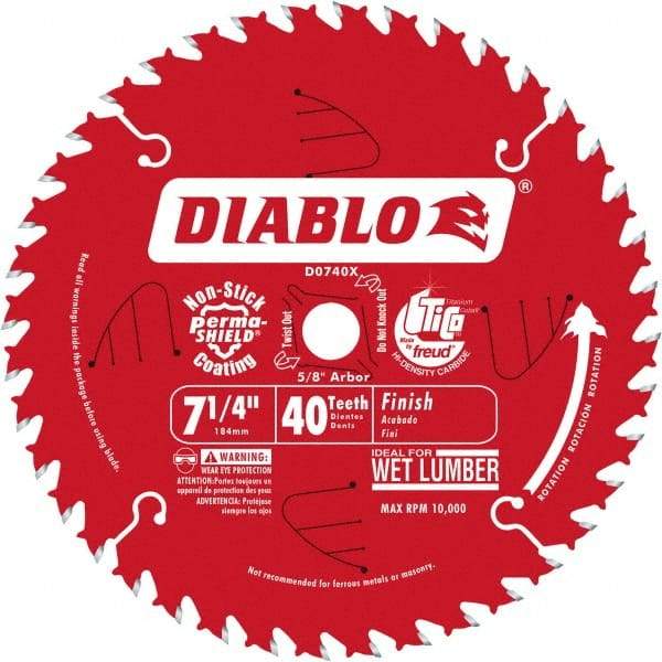 Freud - 7-1/4" Diam, 5/8" Arbor Hole Diam, 40 Tooth Wet & Dry Cut Saw Blade - Carbide-Tipped, Standard Round Arbor - USA Tool & Supply