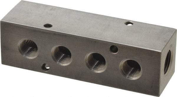 Made in USA - 3/8" Inlet, 1/4" Outlet Manifold - 4.12" Long x 1-1/4" Wide x 1-1/4" High, 0.2" Mount Hole, 2 Inlet Ports, 4 Outlet Ports - USA Tool & Supply