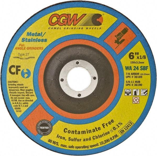 Camel Grinding Wheels - 24 Grit, 6" Wheel Diam, 1/8" Wheel Thickness, Type 27 Depressed Center Wheel - Coarse Grade, Aluminum Oxide, Resinoid Bond, 10,200 Max RPM - USA Tool & Supply