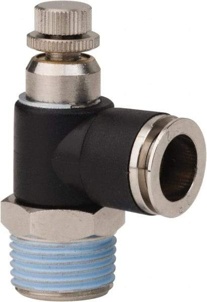 PRO-SOURCE - 1/2" NPT x 1/2" Tube OD Right Angle Flow Control Valve - 0 to 113.76 psi & Techno Polymer, Brass, Steel Material - USA Tool & Supply
