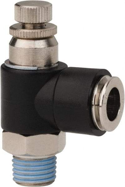 PRO-SOURCE - 1/4" NPT x 3/8" Tube OD Right Angle Flow Control Valve - 0 to 113.76 psi & Techno Polymer, Brass, Steel Material - USA Tool & Supply