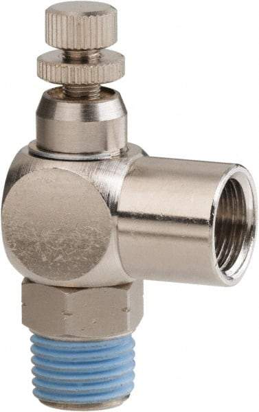 PRO-SOURCE - 1/4" Male NPT x 1/4" Female NPT Right Angle Flow Control Valve - 0 to 113.76 psi & Nickel Plated Brass Material - USA Tool & Supply