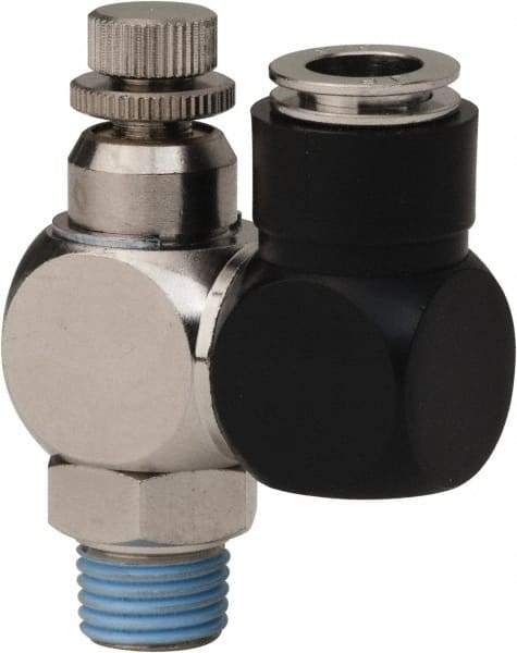 Value Collection - 1/4" Male NPT x 3/8" Tube OD Flow Control Offset Inline Valve - 0 to 113.76 psi & Techno Polymer, Brass, Steel Material - USA Tool & Supply