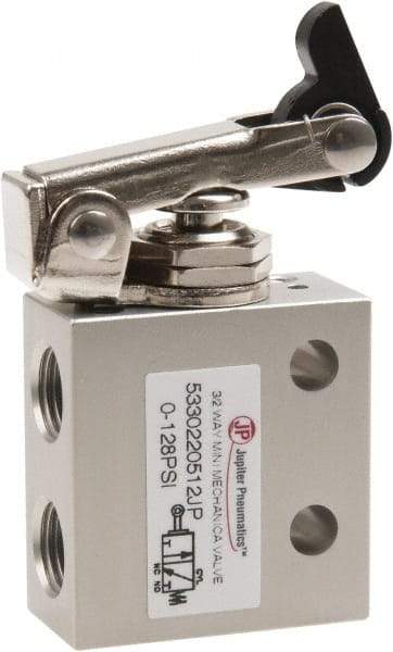 Value Collection - 1/8" NPT 3 Way, 2 Position Mini Mechanical Valve - 0.298 CV Rate, 7 CFM, 127.98 Max psi, One Way Roller/Spring Actuator - USA Tool & Supply