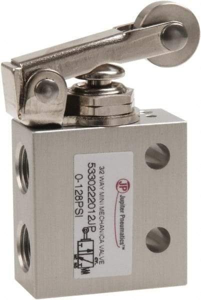 Value Collection - 1/8" NPT 3 Way, 2 Position Mini Mechanical Valve - 0.298 CV Rate, 7 CFM, 127.98 Max psi, Roller Lever/Spring Actuator - USA Tool & Supply