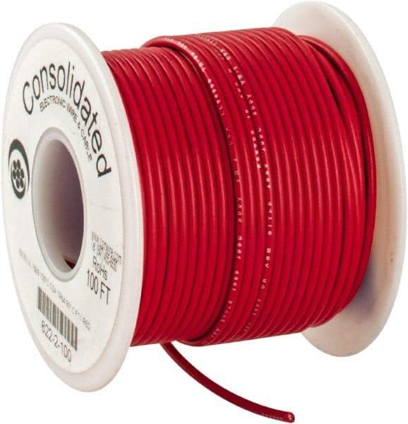 Made in USA - 18 AWG, 16 Strand, 100' OAL, Tinned Copper Hook Up Wire - Red PVC Jacket, 0.08" Diam - USA Tool & Supply