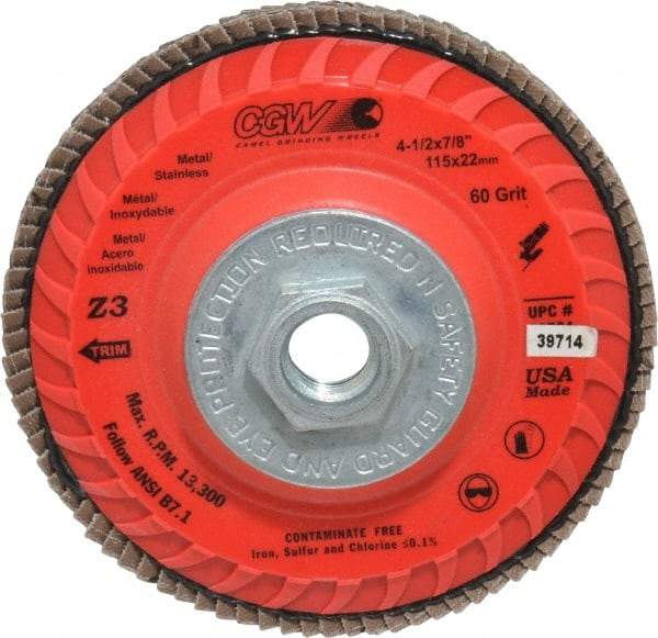 Camel Grinding Wheels - 60 Grit, 4-1/2" Disc Diam, 5/8-11 Center Hole, Type 27 Zirconia Alumina Flap Disc - 13,300 Max RPM, Poly Cotton Backing, Arbor Attaching System, Coated - USA Tool & Supply