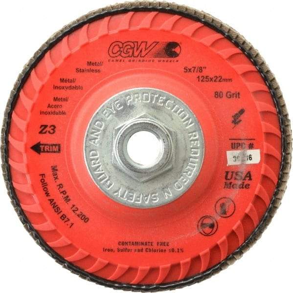 Camel Grinding Wheels - 80 Grit, 5" Disc Diam, 5/8-11 Center Hole, Type 27 Zirconia Alumina Flap Disc - 12,200 Max RPM, Poly Cotton Backing, Arbor Attaching System, Coated - USA Tool & Supply