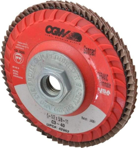 Camel Grinding Wheels - 40 Grit, 4-1/2" Disc Diam, 5/8-11 Center Hole, Type 27 Ceramic Flap Disc - 13,300 Max RPM, Polyester Backing, Arbor Attaching System, Coated - USA Tool & Supply