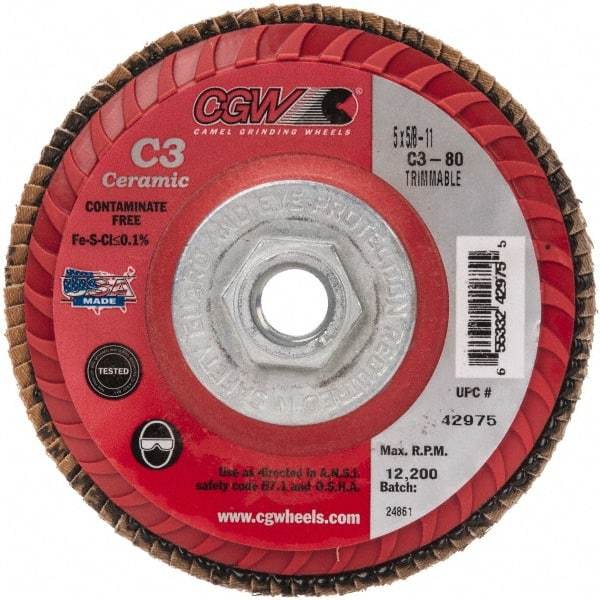 Camel Grinding Wheels - 80 Grit, 5" Disc Diam, 5/8-11 Center Hole, Type 27 Ceramic Flap Disc - 12,200 Max RPM, Polyester Backing, Arbor Attaching System, Coated - USA Tool & Supply