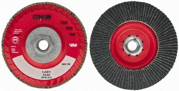 Camel Grinding Wheels - 60 Grit, 5" Disc Diam, 5/8-11 Center Hole, Type 27 Zirconia Alumina Flap Disc - 12,200 Max RPM, Poly Cotton Backing, Arbor Attaching System, Coated - USA Tool & Supply