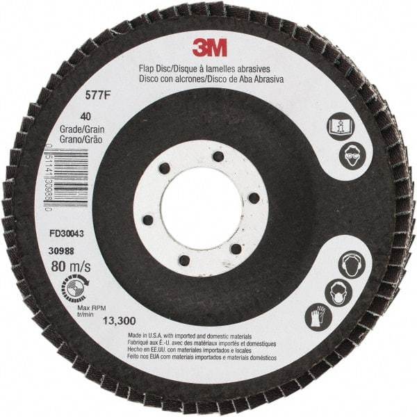 3M - 40 Grit, 4-1/2" Disc Diam, 7/8" Center Hole, Type 29 Zirconia Alumina Flap Disc - 13,300 Max RPM, Cloth Backing, Arbor Attaching System, Coated - USA Tool & Supply
