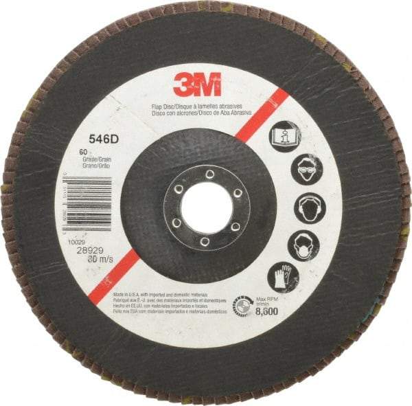 3M - 60 Grit, 7" Disc Diam, 7/8" Center Hole, Type 29 Zirconia Alumina Flap Disc - Cloth Backing, Arbor Attaching System, Coated - USA Tool & Supply