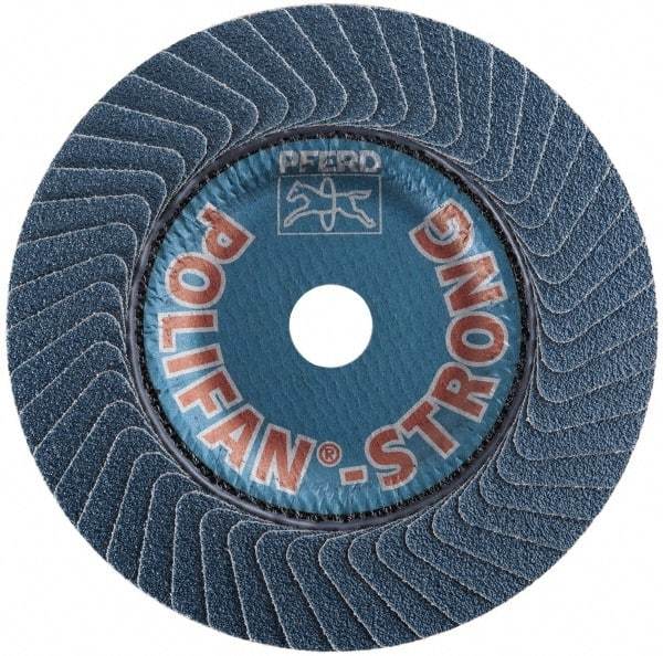 PFERD - 50 Grit, 4-1/2" Disc Diam, 7/8" Center Hole, Type 29 Zirconia Alumina Flap Disc - 13,300 Max RPM, Fiberglass Backing, Arbor Attaching System, Coated - USA Tool & Supply