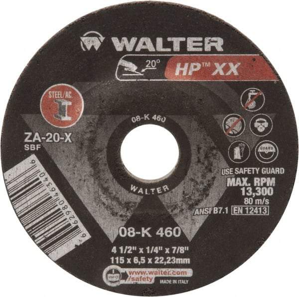 WALTER Surface Technologies - 20 Grit, 4-1/2" Wheel Diam, 1/4" Wheel Thickness, Type 27 Depressed Center Wheel - Aluminum Oxide, 13,300 Max RPM - USA Tool & Supply