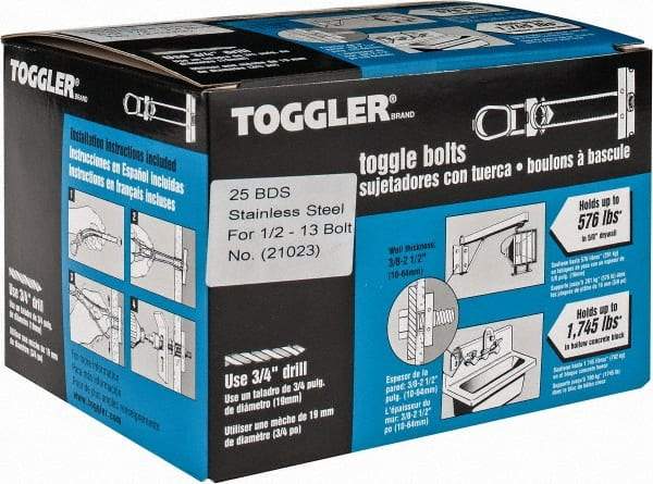 Toggler - 1/2" Screw, 6" Long, 3/8 to 2-1/2" Thick, Toggle Bolt Drywall & Hollow Wall Anchor - 1/2 - 13" Thread, 3/4" Drill, Uncoated, Stainless Steel, Grade 304, Use in Drywall - USA Tool & Supply