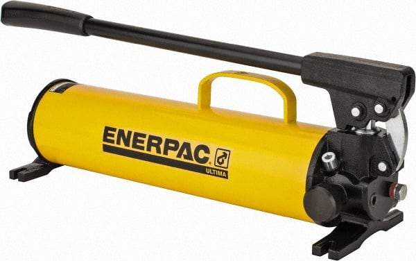 Enerpac - 1" Piston Stroke, 1-1/8" Piston Diam, 1.00, 0.15 Cu In per Stroke, 134 Cu In Reservoir Capacity, Manual Hydraulic Pump - 10,000 psi, 77 Lbs. Max Handle Effort, 2 Stage - USA Tool & Supply