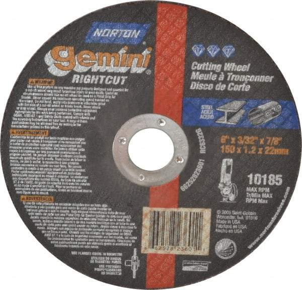 Norton - 6" Aluminum Oxide Cutoff Wheel - 3/32" Thick, 7/8" Arbor, 10,185 Max RPM, Use with Angle Grinders - USA Tool & Supply
