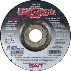 Sait - 24 Grit, 4-1/2" Wheel Diam, 1/8" Wheel Thickness, 7/8" Arbor Hole, Type 27 Depressed Center Wheel - Zirconia Alumina, Resinoid Bond, R Hardness, 13,300 Max RPM, Compatible with Angle Grinder - USA Tool & Supply
