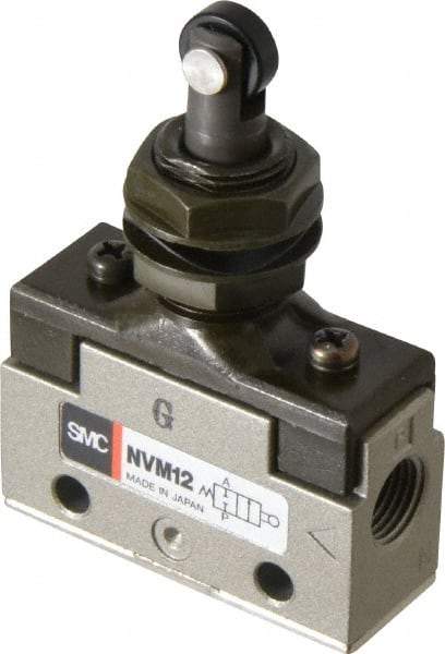 SMC PNEUMATICS - 0.14 CV Rate, 1/8" NPT Inlet Mechanical Valve - 2 Way, 2 Ports, Roller Plunger Inline - USA Tool & Supply