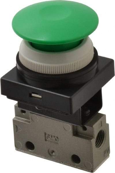 SMC PNEUMATICS - 0.14 CV Rate, 1/8" NPT Inlet Mechanical Valve - 2 Way, 2 Ports, Push Button Mushroom - USA Tool & Supply