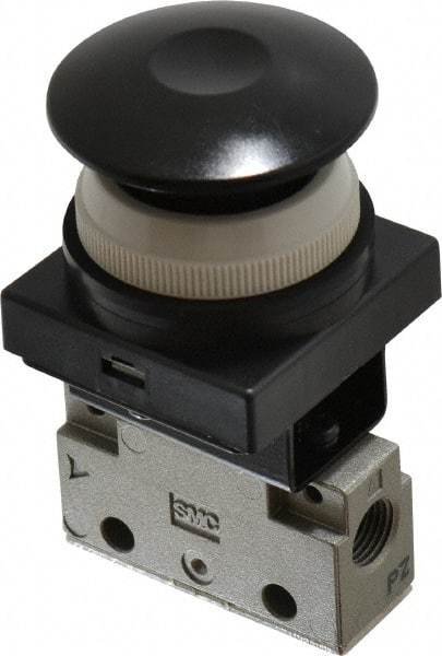 SMC PNEUMATICS - 0.14 CV Rate, 1/8" NPT Inlet Mechanical Valve - 3 Way, 2 Ports, Push Button Mushroom - USA Tool & Supply