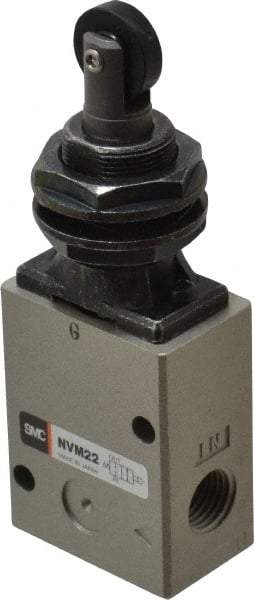 SMC PNEUMATICS - 1.00 CV Rate, 1/4" NPT Inlet Mechanical Valve - 2 Way, 2 Ports, Roller Plunger Inline - USA Tool & Supply